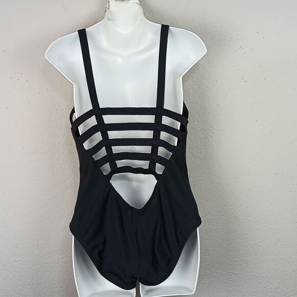 Mossimo Women Black One Piece Swimsuit V-Neck Cut Outs On Back SZ L - Picture 7 of 13